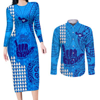 Strong Maui Couples Matching Long Sleeve Bodycon Dress and Long Sleeve Button Shirts Good Living Hawaii with Shaka Sign Kakau Tribal Blue LT9 - Wonder Print Shop