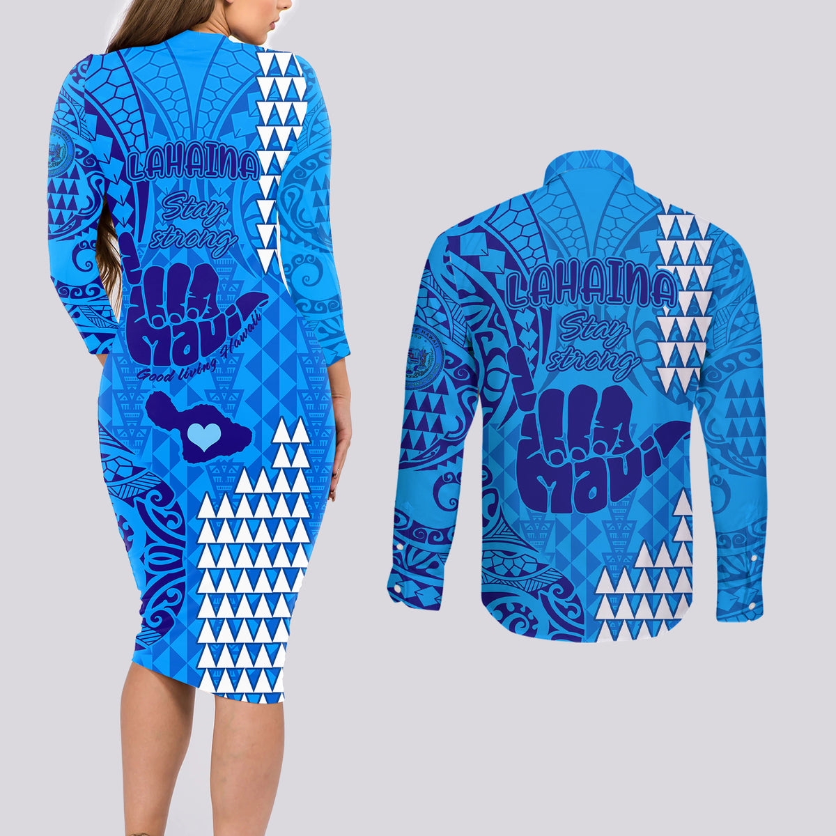 Strong Maui Couples Matching Long Sleeve Bodycon Dress and Long Sleeve Button Shirts Good Living Hawaii with Shaka Sign Kakau Tribal Blue LT9 - Wonder Print Shop