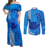 Strong Maui Couples Matching Off Shoulder Maxi Dress and Long Sleeve Button Shirts Good Living Hawaii with Shaka Sign Kakau Tribal Blue LT9 - Wonder Print Shop