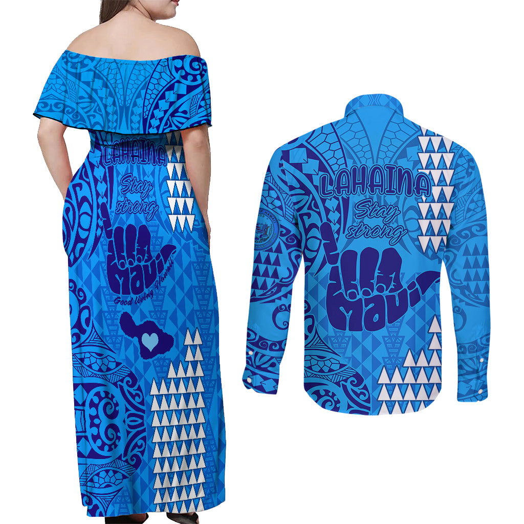 Strong Maui Couples Matching Off Shoulder Maxi Dress and Long Sleeve Button Shirts Good Living Hawaii with Shaka Sign Kakau Tribal Blue LT9 - Wonder Print Shop