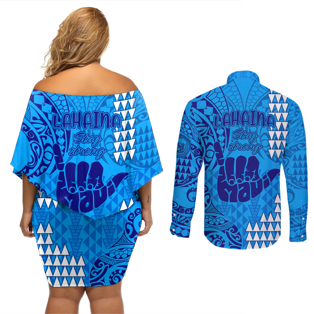 Strong Maui Couples Matching Off Shoulder Short Dress and Long Sleeve Button Shirts Good Living Hawaii with Shaka Sign Kakau Tribal Blue LT9 - Wonder Print Shop