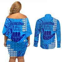 Strong Maui Couples Matching Off Shoulder Short Dress and Long Sleeve Button Shirts Good Living Hawaii with Shaka Sign Kakau Tribal Blue LT9 - Wonder Print Shop