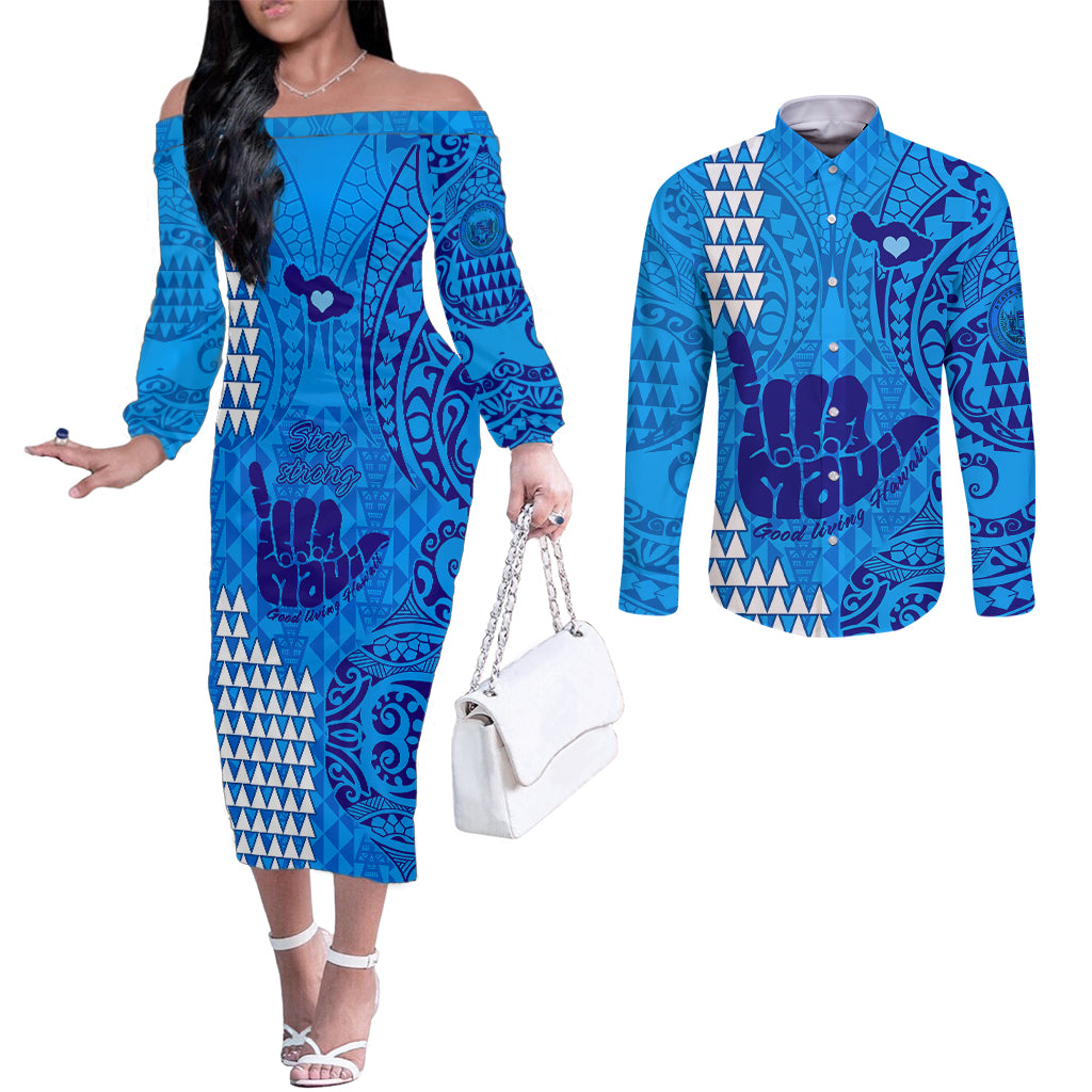 strong-maui-couples-matching-off-the-shoulder-long-sleeve-dress-and-long-sleeve-button-shirts-good-living-hawaii-with-shaka-sign-kakau-tribal-blue