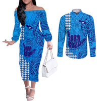 strong-maui-couples-matching-off-the-shoulder-long-sleeve-dress-and-long-sleeve-button-shirts-good-living-hawaii-with-shaka-sign-kakau-tribal-blue