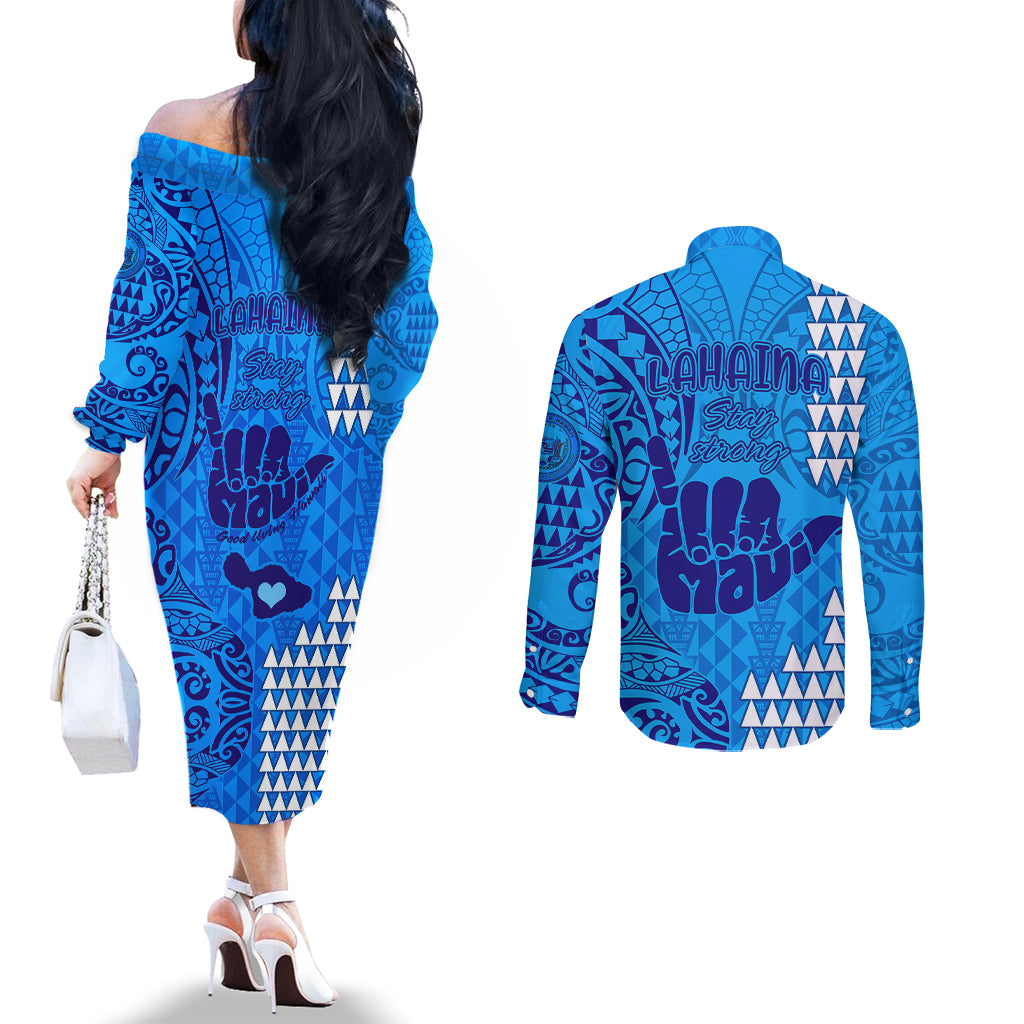strong-maui-couples-matching-off-the-shoulder-long-sleeve-dress-and-long-sleeve-button-shirts-good-living-hawaii-with-shaka-sign-kakau-tribal-blue