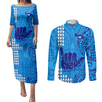 Strong Maui Couples Matching Puletasi Dress and Long Sleeve Button Shirts Good Living Hawaii with Shaka Sign Kakau Tribal Blue LT9 - Wonder Print Shop