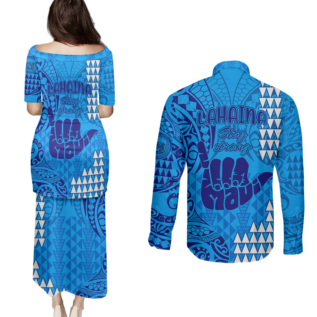 Strong Maui Couples Matching Puletasi Dress and Long Sleeve Button Shirts Good Living Hawaii with Shaka Sign Kakau Tribal Blue LT9 - Wonder Print Shop