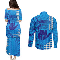 Strong Maui Couples Matching Puletasi Dress and Long Sleeve Button Shirts Good Living Hawaii with Shaka Sign Kakau Tribal Blue LT9 - Wonder Print Shop