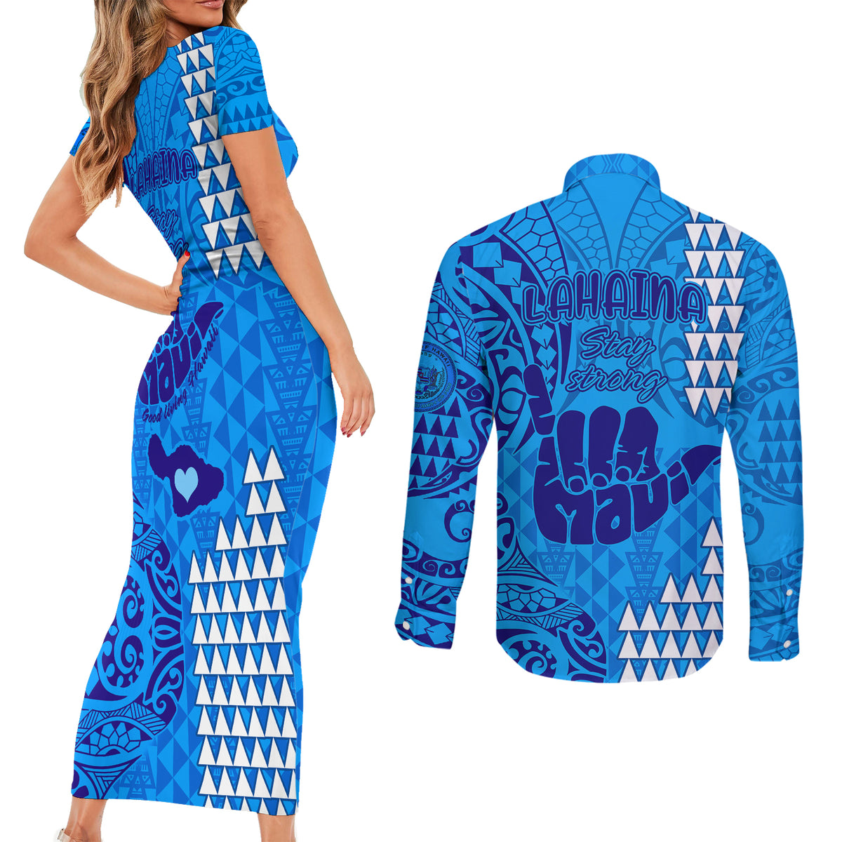 Strong Maui Couples Matching Short Sleeve Bodycon Dress and Long Sleeve Button Shirts Good Living Hawaii with Shaka Sign Kakau Tribal Blue LT9 - Wonder Print Shop