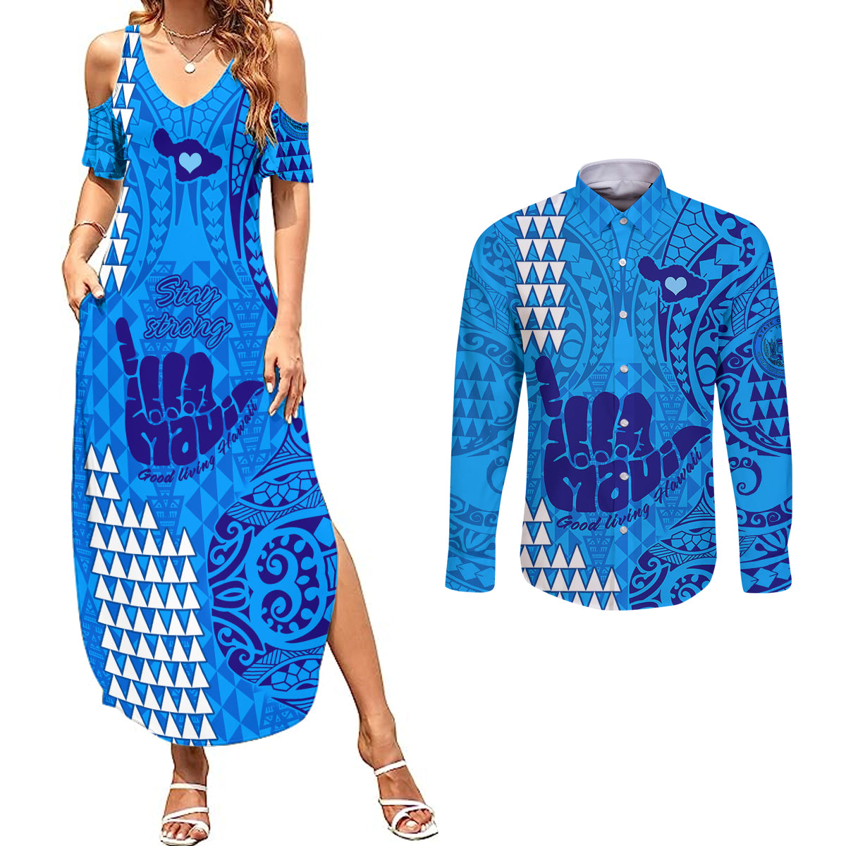 Strong Maui Couples Matching Summer Maxi Dress and Long Sleeve Button Shirts Good Living Hawaii with Shaka Sign Kakau Tribal Blue LT9 - Wonder Print Shop