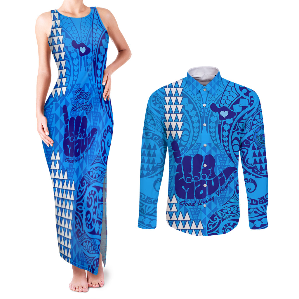 Strong Maui Couples Matching Tank Maxi Dress and Long Sleeve Button Shirts Good Living Hawaii with Shaka Sign Kakau Tribal Blue LT9 - Wonder Print Shop