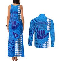 Strong Maui Couples Matching Tank Maxi Dress and Long Sleeve Button Shirts Good Living Hawaii with Shaka Sign Kakau Tribal Blue LT9 - Wonder Print Shop
