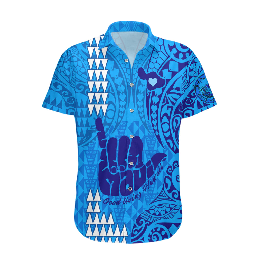 Strong Maui Hawaiian Shirt Good Living Hawaii with Shaka Sign Kakau Tribal Blue - Wonder Print Shop