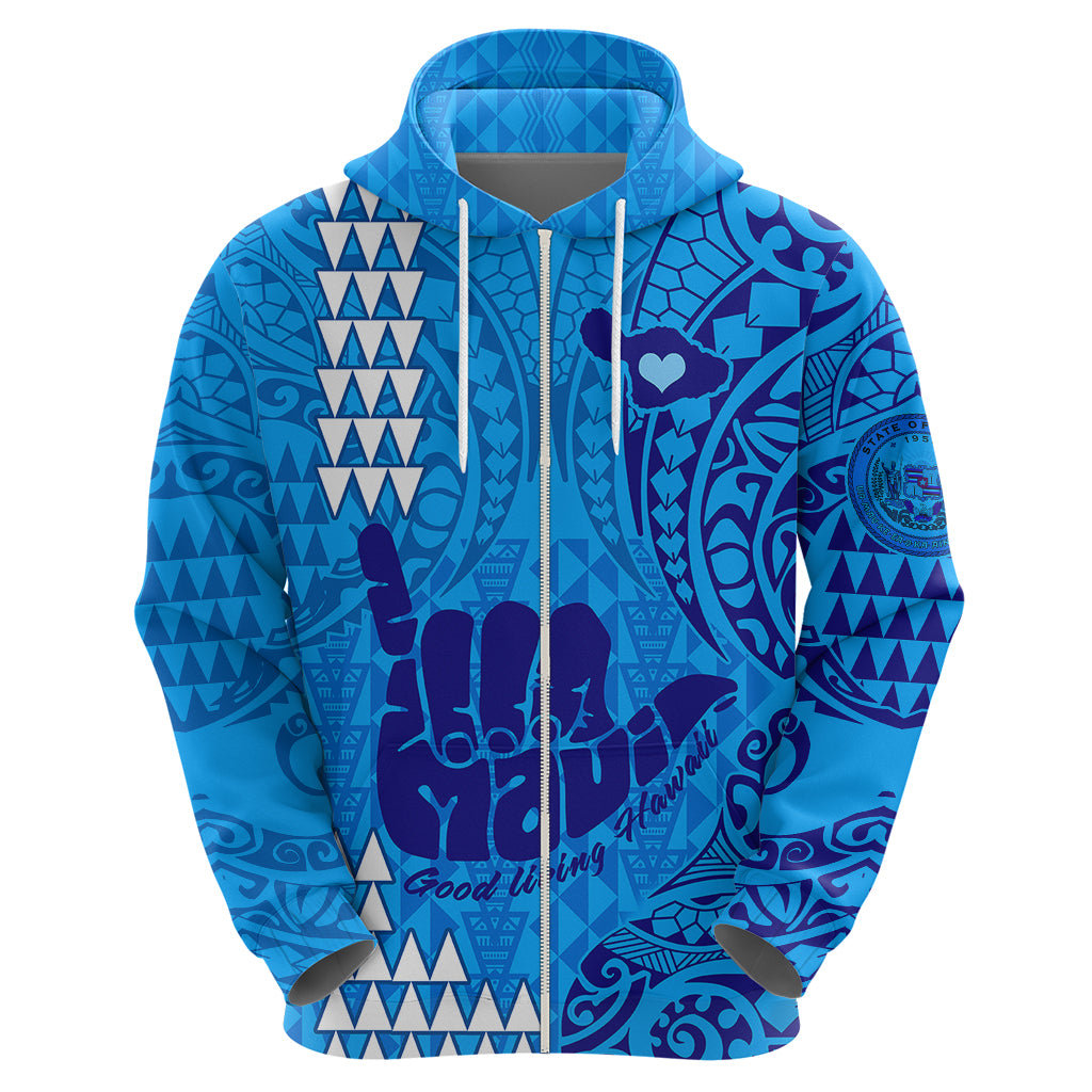 Strong Maui Hoodie Good Living Hawaii with Shaka Sign Kakau Tribal Blue - Wonder Print Shop