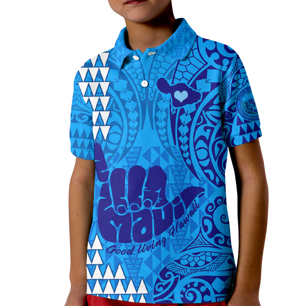 Strong Maui Kid Polo Shirt Good Living Hawaii with Shaka Sign Kakau Tribal Blue - Wonder Print Shop