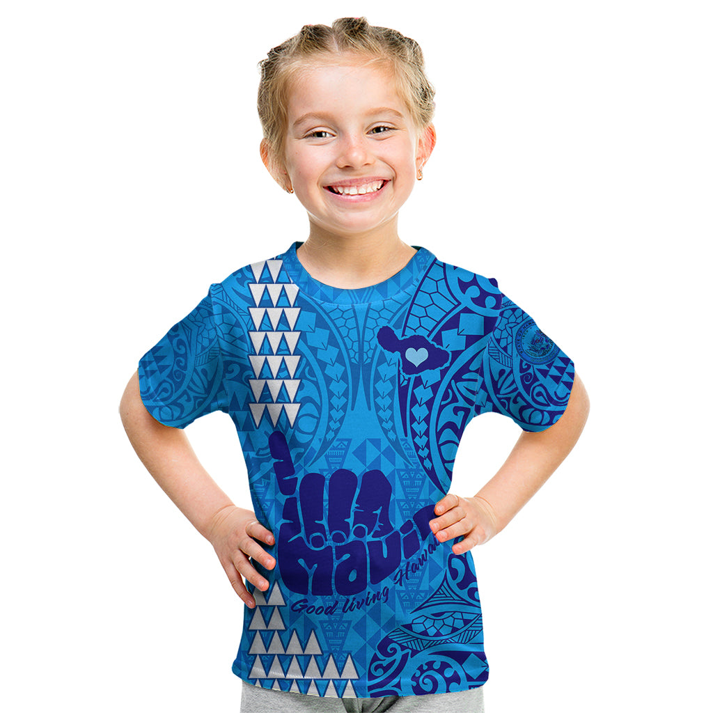 Strong Maui Kid T Shirt Good Living Hawaii with Shaka Sign Kakau Tribal Blue - Wonder Print Shop