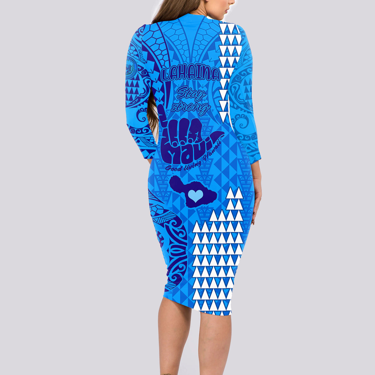 Strong Maui Long Sleeve Bodycon Dress Good Living Hawaii with Shaka Sign Kakau Tribal Blue - Wonder Print Shop
