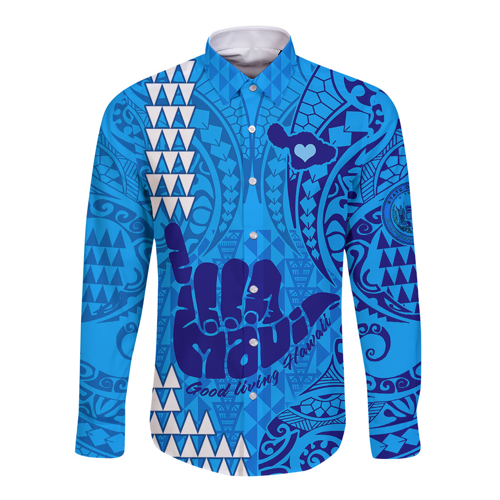 Strong Maui Long Sleeve Button Shirt Good Living Hawaii with Shaka Sign Kakau Tribal Blue - Wonder Print Shop