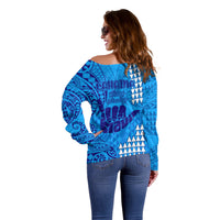 Strong Maui Off Shoulder Sweater Good Living Hawaii with Shaka Sign Kakau Tribal Blue - Wonder Print Shop