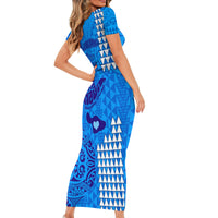 Strong Maui Short Sleeve Bodycon Dress Good Living Hawaii with Shaka Sign Kakau Tribal Blue - Wonder Print Shop