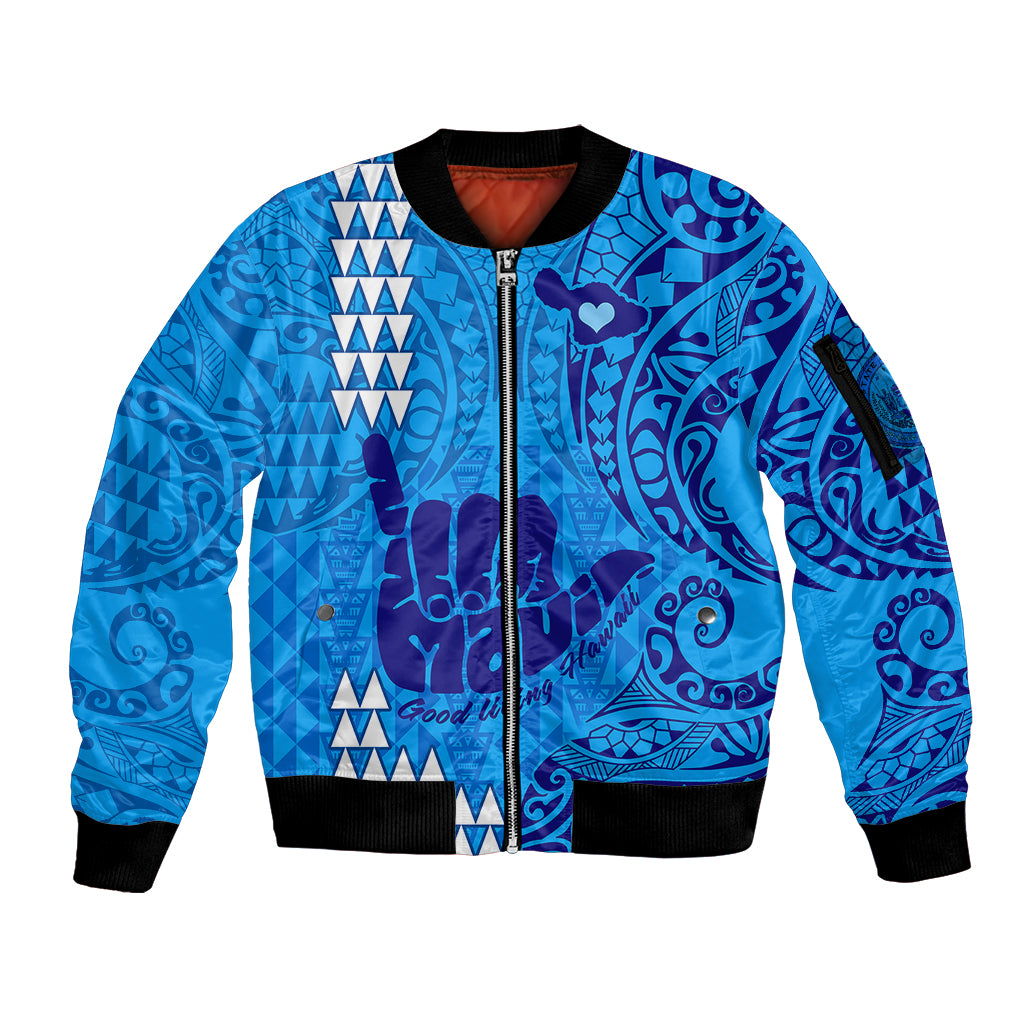 Strong Maui Sleeve Zip Bomber Jacket Good Living Hawaii with Shaka Sign Kakau Tribal Blue - Wonder Print Shop