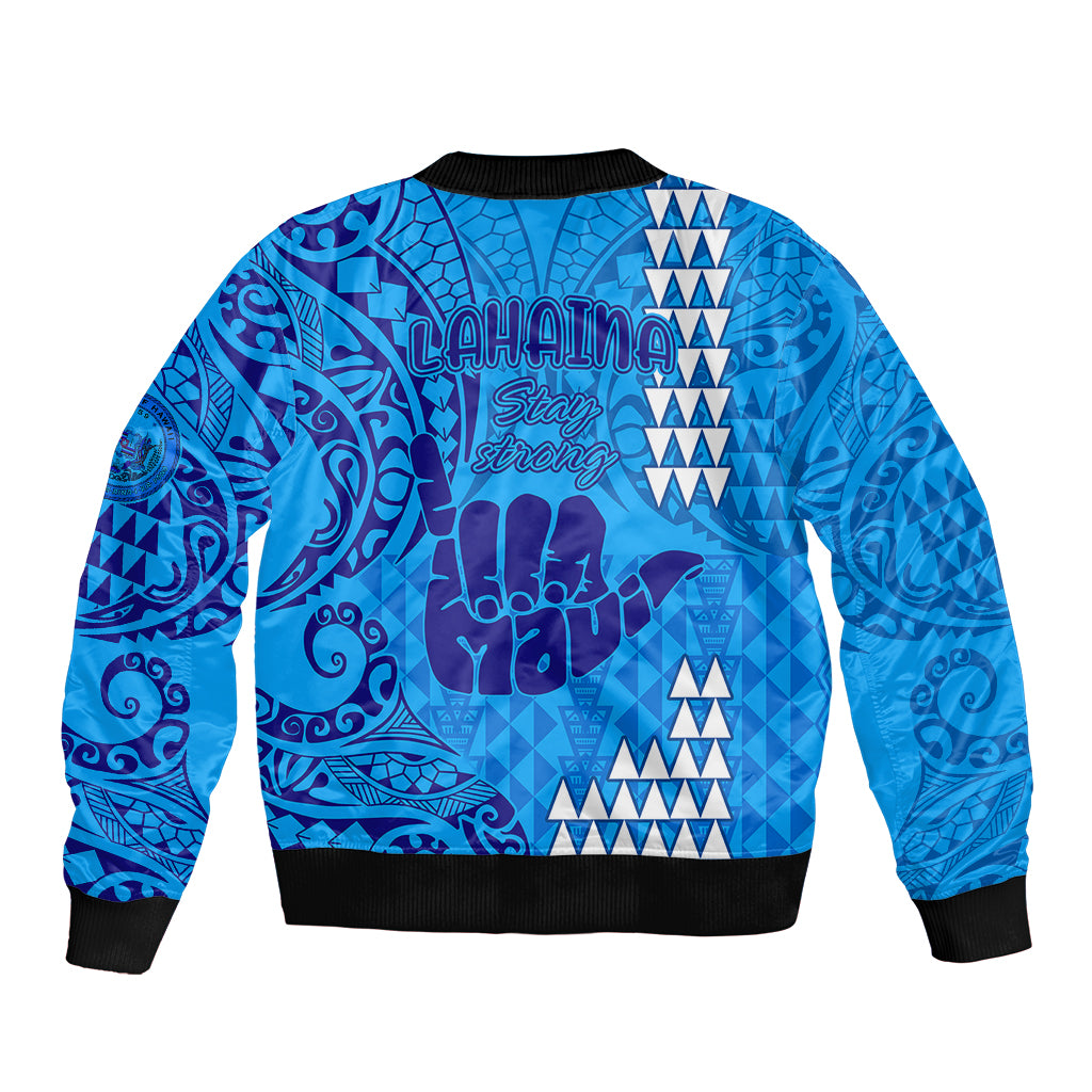 Strong Maui Sleeve Zip Bomber Jacket Good Living Hawaii with Shaka Sign Kakau Tribal Blue - Wonder Print Shop