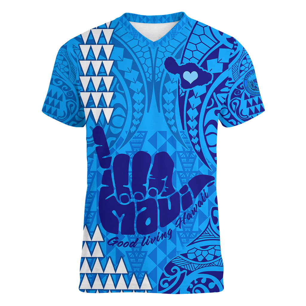 Strong Maui Women V Neck T Shirt Good Living Hawaii with Shaka Sign Kakau Tribal Blue - Wonder Print Shop