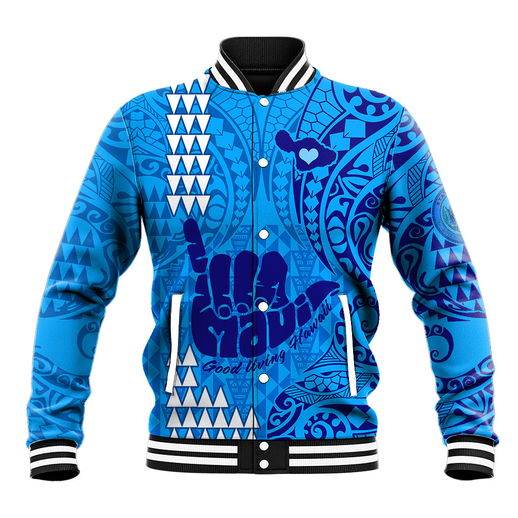 Personalised Strong Maui Baseball Jacket Good Living Hawaii with Shaka Sign Kakau Tribal Blue LT9 - Wonder Print Shop