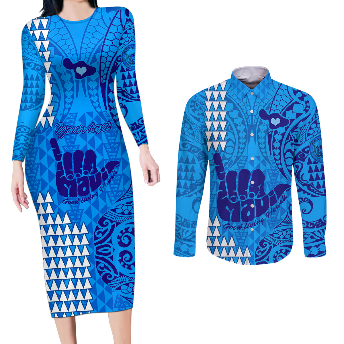 Personalised Strong Maui Couples Matching Long Sleeve Bodycon Dress and Long Sleeve Button Shirts Good Living Hawaii with Shaka Sign Kakau Tribal Blue LT9 - Wonder Print Shop