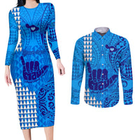 Personalised Strong Maui Couples Matching Long Sleeve Bodycon Dress and Long Sleeve Button Shirts Good Living Hawaii with Shaka Sign Kakau Tribal Blue LT9 - Wonder Print Shop