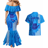 Personalised Strong Maui Couples Matching Mermaid Dress and Hawaiian Shirt Good Living Hawaii with Shaka Sign Kakau Tribal Blue LT9 - Wonder Print Shop