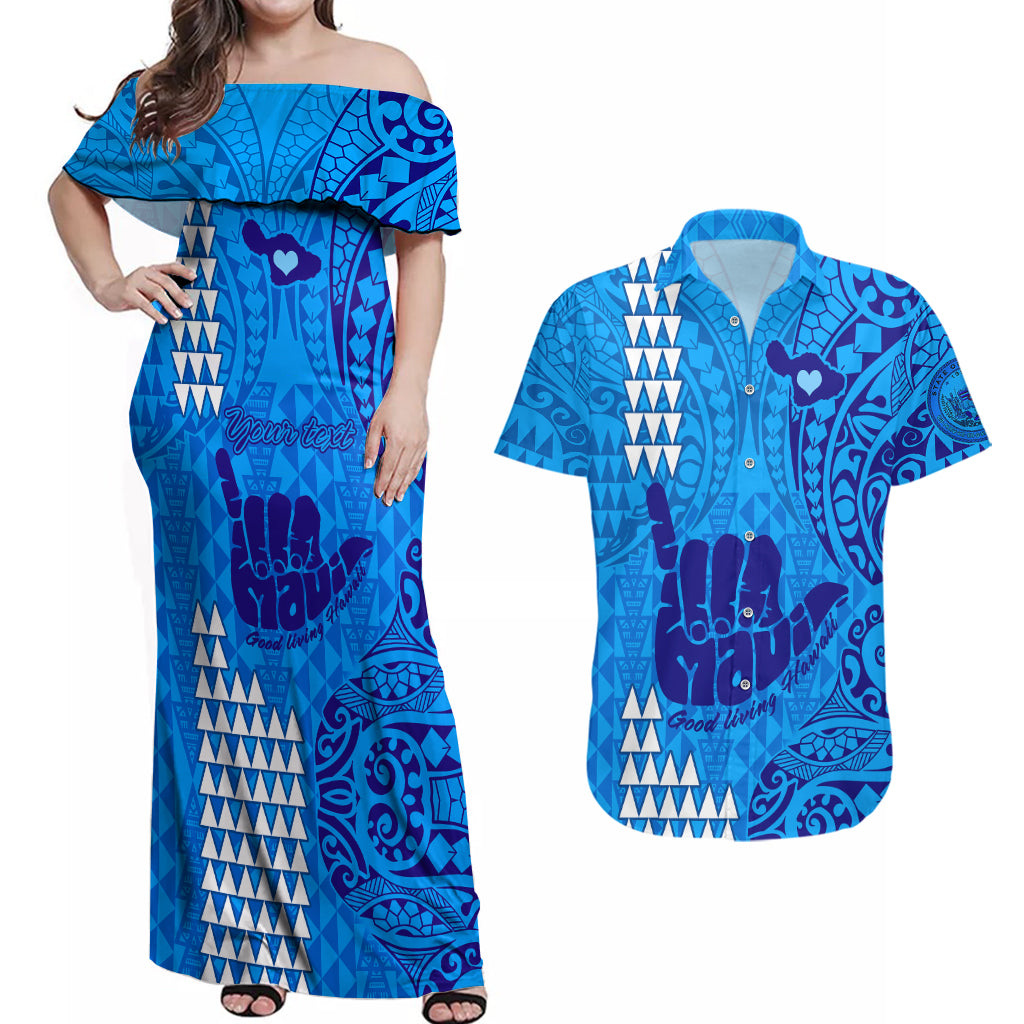 Personalised Strong Maui Couples Matching Off Shoulder Maxi Dress and Hawaiian Shirt Good Living Hawaii with Shaka Sign Kakau Tribal Blue LT9 - Wonder Print Shop