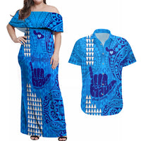 Personalised Strong Maui Couples Matching Off Shoulder Maxi Dress and Hawaiian Shirt Good Living Hawaii with Shaka Sign Kakau Tribal Blue LT9 - Wonder Print Shop