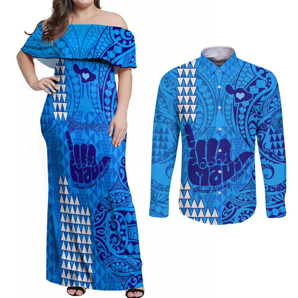 Personalised Strong Maui Couples Matching Off Shoulder Maxi Dress and Long Sleeve Button Shirts Good Living Hawaii with Shaka Sign Kakau Tribal Blue LT9 - Wonder Print Shop