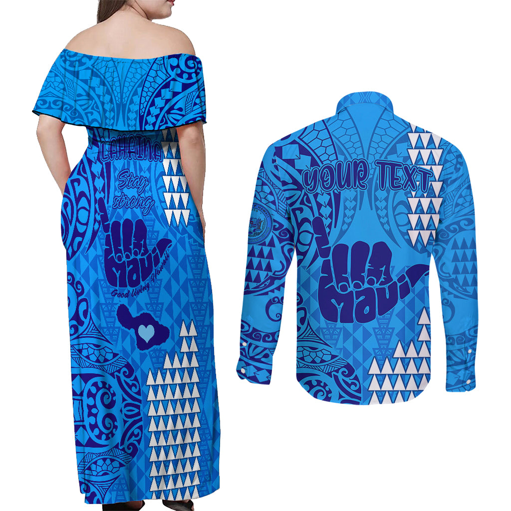 Personalised Strong Maui Couples Matching Off Shoulder Maxi Dress and Long Sleeve Button Shirts Good Living Hawaii with Shaka Sign Kakau Tribal Blue LT9 - Wonder Print Shop