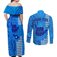Personalised Strong Maui Couples Matching Off Shoulder Maxi Dress and Long Sleeve Button Shirts Good Living Hawaii with Shaka Sign Kakau Tribal Blue LT9 - Wonder Print Shop