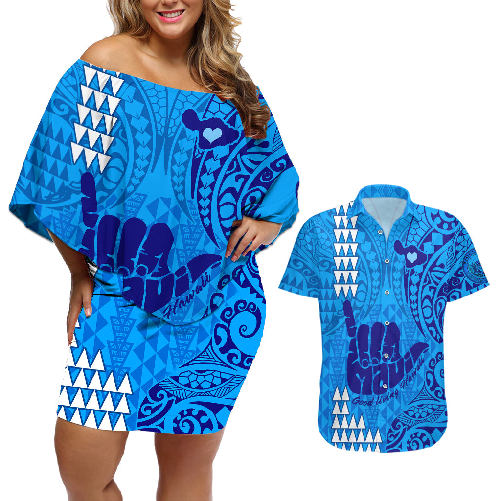 Personalised Strong Maui Couples Matching Off Shoulder Short Dress and Hawaiian Shirt Good Living Hawaii with Shaka Sign Kakau Tribal Blue LT9 - Wonder Print Shop