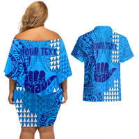 Personalised Strong Maui Couples Matching Off Shoulder Short Dress and Hawaiian Shirt Good Living Hawaii with Shaka Sign Kakau Tribal Blue LT9 - Wonder Print Shop