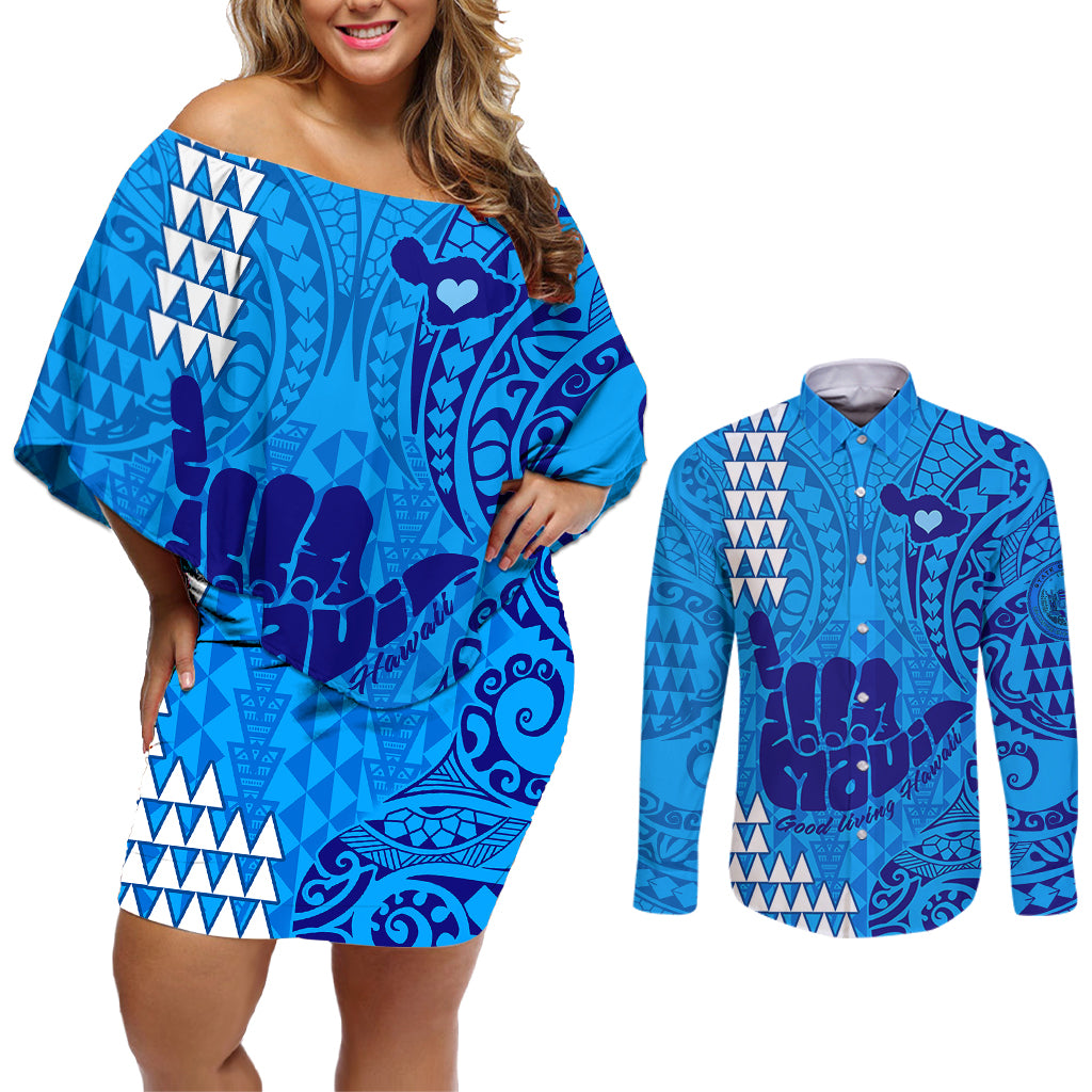 Personalised Strong Maui Couples Matching Off Shoulder Short Dress and Long Sleeve Button Shirts Good Living Hawaii with Shaka Sign Kakau Tribal Blue LT9 - Wonder Print Shop