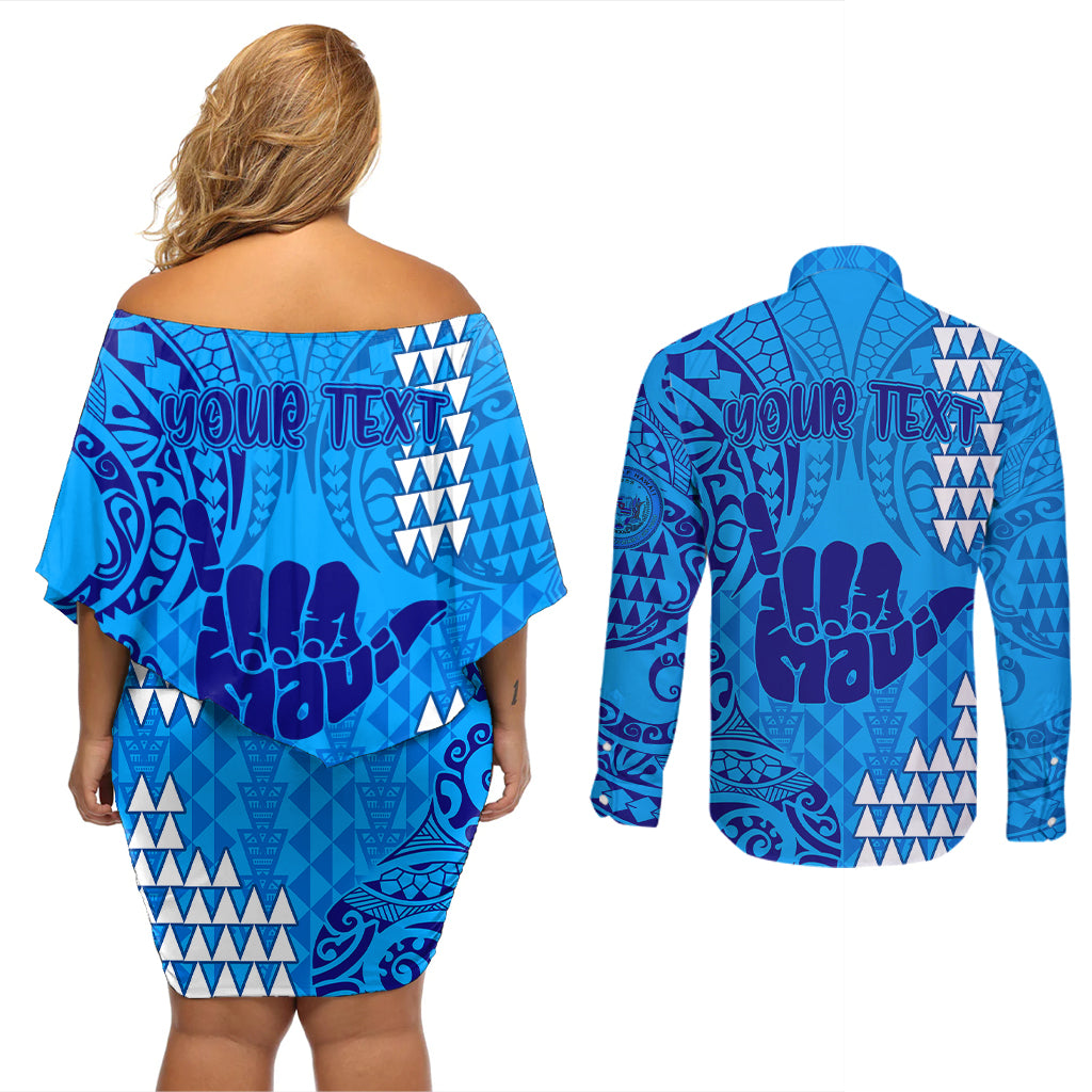 Personalised Strong Maui Couples Matching Off Shoulder Short Dress and Long Sleeve Button Shirts Good Living Hawaii with Shaka Sign Kakau Tribal Blue LT9 - Wonder Print Shop