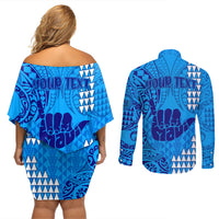 Personalised Strong Maui Couples Matching Off Shoulder Short Dress and Long Sleeve Button Shirts Good Living Hawaii with Shaka Sign Kakau Tribal Blue LT9 - Wonder Print Shop