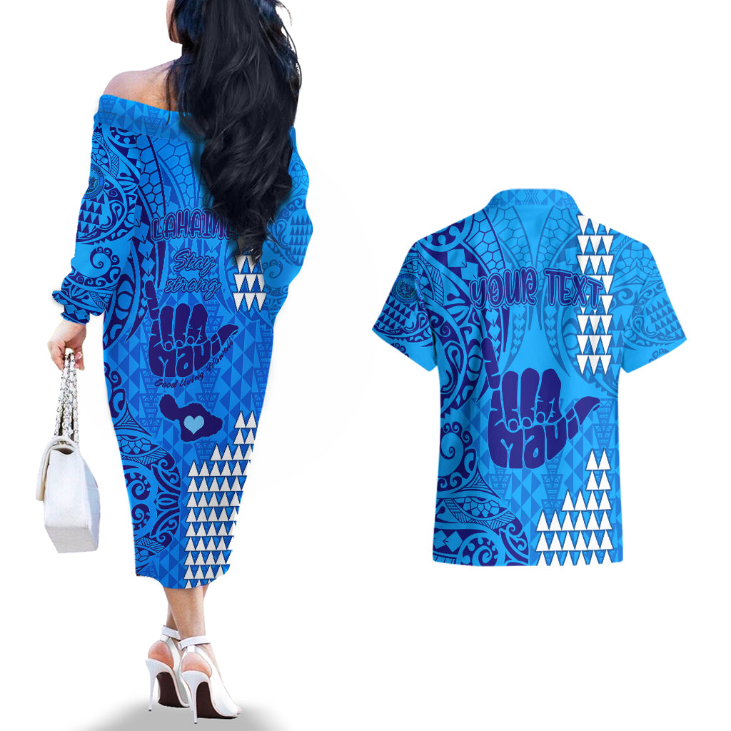 Personalised Strong Maui Couples Matching Off The Shoulder Long Sleeve Dress and Hawaiian Shirt Good Living Hawaii with Shaka Sign Kakau Tribal Blue LT9 - Wonder Print Shop