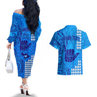 Personalised Strong Maui Couples Matching Off The Shoulder Long Sleeve Dress and Hawaiian Shirt Good Living Hawaii with Shaka Sign Kakau Tribal Blue LT9 - Wonder Print Shop