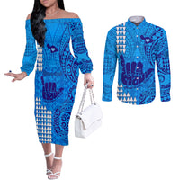 personalised-strong-maui-couples-matching-off-the-shoulder-long-sleeve-dress-and-long-sleeve-button-shirts-good-living-hawaii-with-shaka-sign-kakau-tribal-blue
