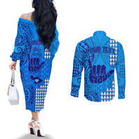 personalised-strong-maui-couples-matching-off-the-shoulder-long-sleeve-dress-and-long-sleeve-button-shirts-good-living-hawaii-with-shaka-sign-kakau-tribal-blue
