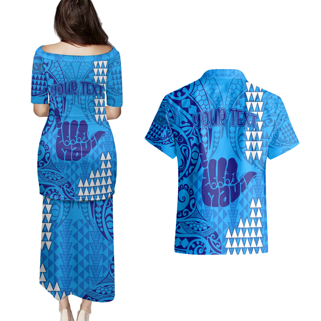 Personalised Strong Maui Couples Matching Puletasi Dress and Hawaiian Shirt Good Living Hawaii with Shaka Sign Kakau Tribal Blue LT9 - Wonder Print Shop