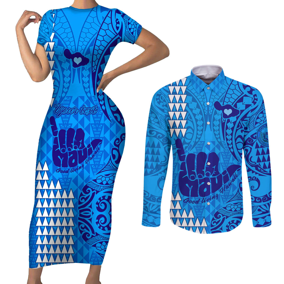 Personalised Strong Maui Couples Matching Short Sleeve Bodycon Dress and Long Sleeve Button Shirts Good Living Hawaii with Shaka Sign Kakau Tribal Blue LT9 - Wonder Print Shop