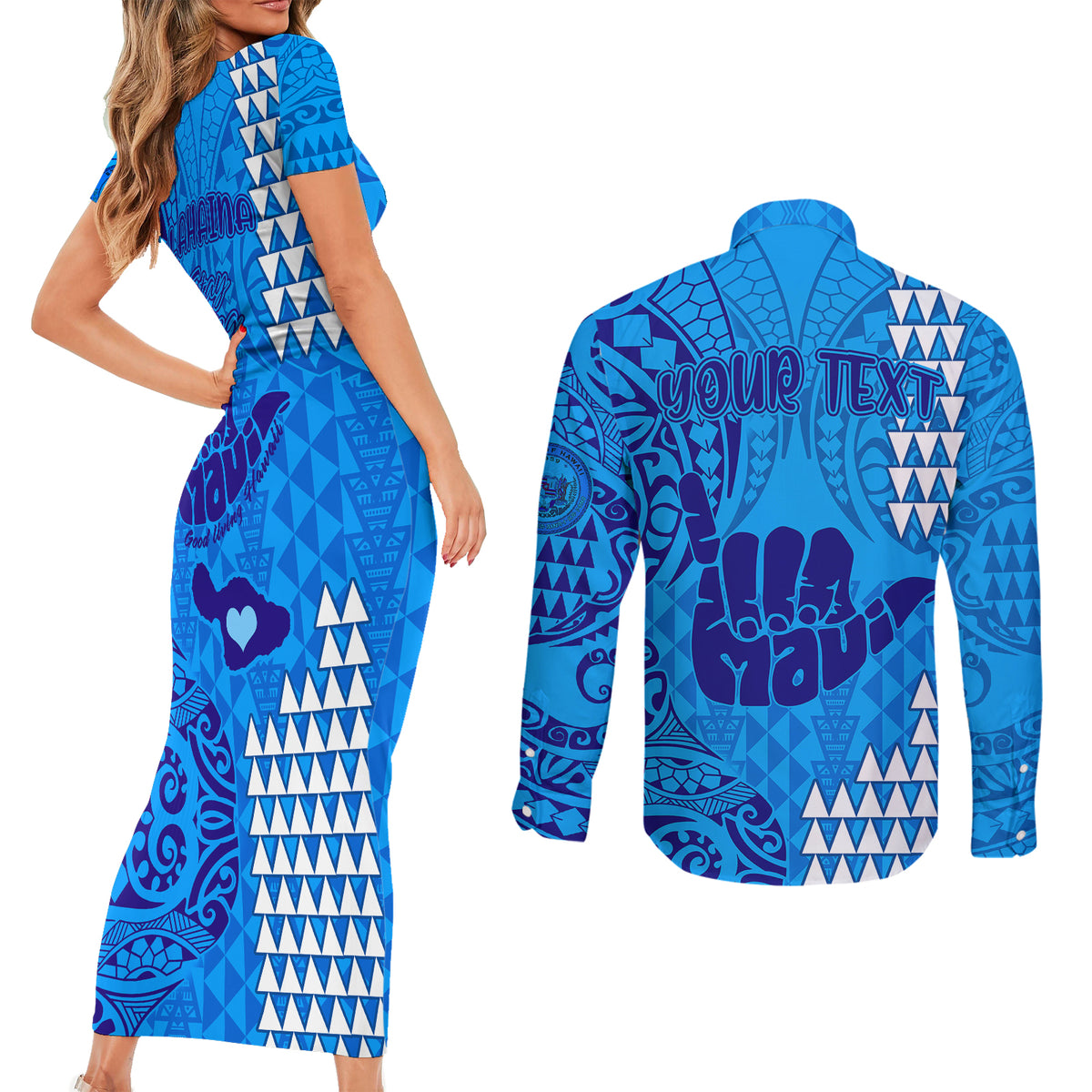 Personalised Strong Maui Couples Matching Short Sleeve Bodycon Dress and Long Sleeve Button Shirts Good Living Hawaii with Shaka Sign Kakau Tribal Blue LT9 - Wonder Print Shop