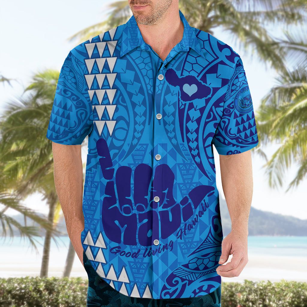 Personalised Strong Maui Hawaiian Shirt Good Living Hawaii with Shaka Sign Kakau Tribal Blue - Wonder Print Shop