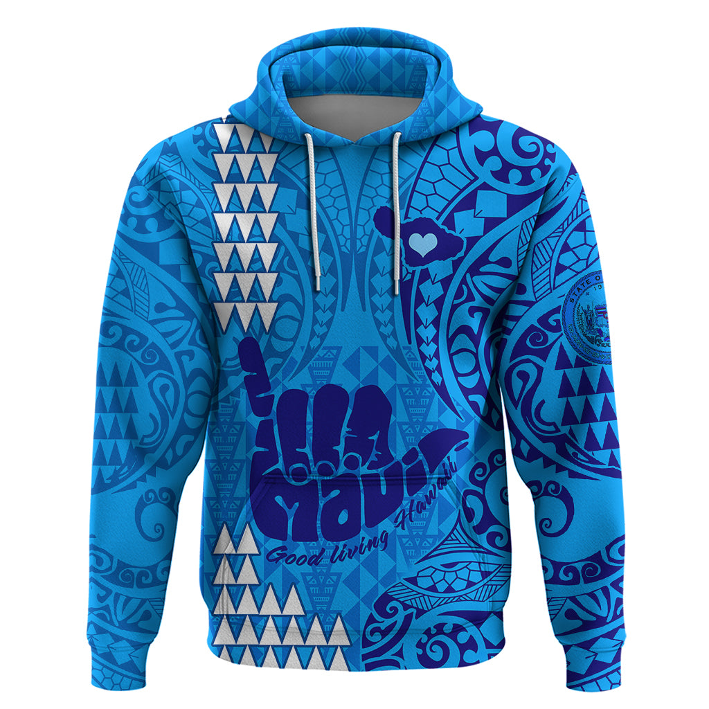 Personalised Strong Maui Hoodie Good Living Hawaii with Shaka Sign Kakau Tribal Blue - Wonder Print Shop